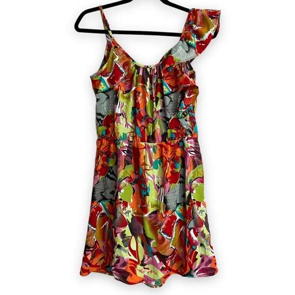 Envy Me Tropical Dress Ruffled on One Shoulder Sleeveless Size L Large Floral - Picture 3 of 12